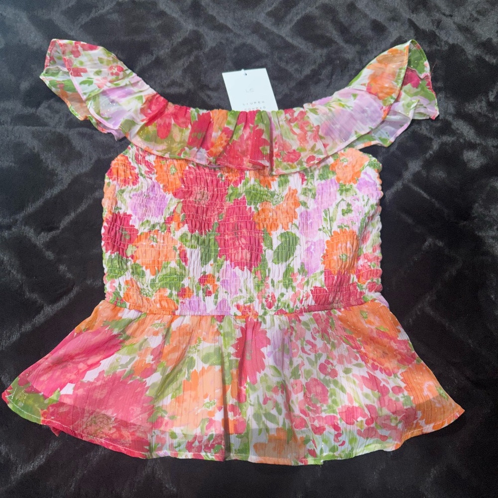Lauren Conrad LC Floral Gathered Bodice Ruffled Top Size XS (NWT)